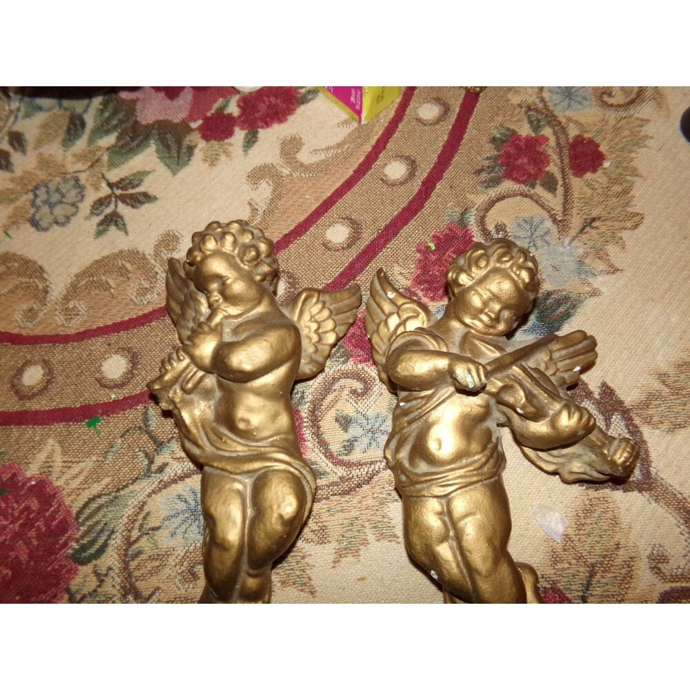 VINTAGE ANGELS CHERUBS WALL PLAQUES (2) GOLD CERAMIC/CHALK - Picture 2 of 8